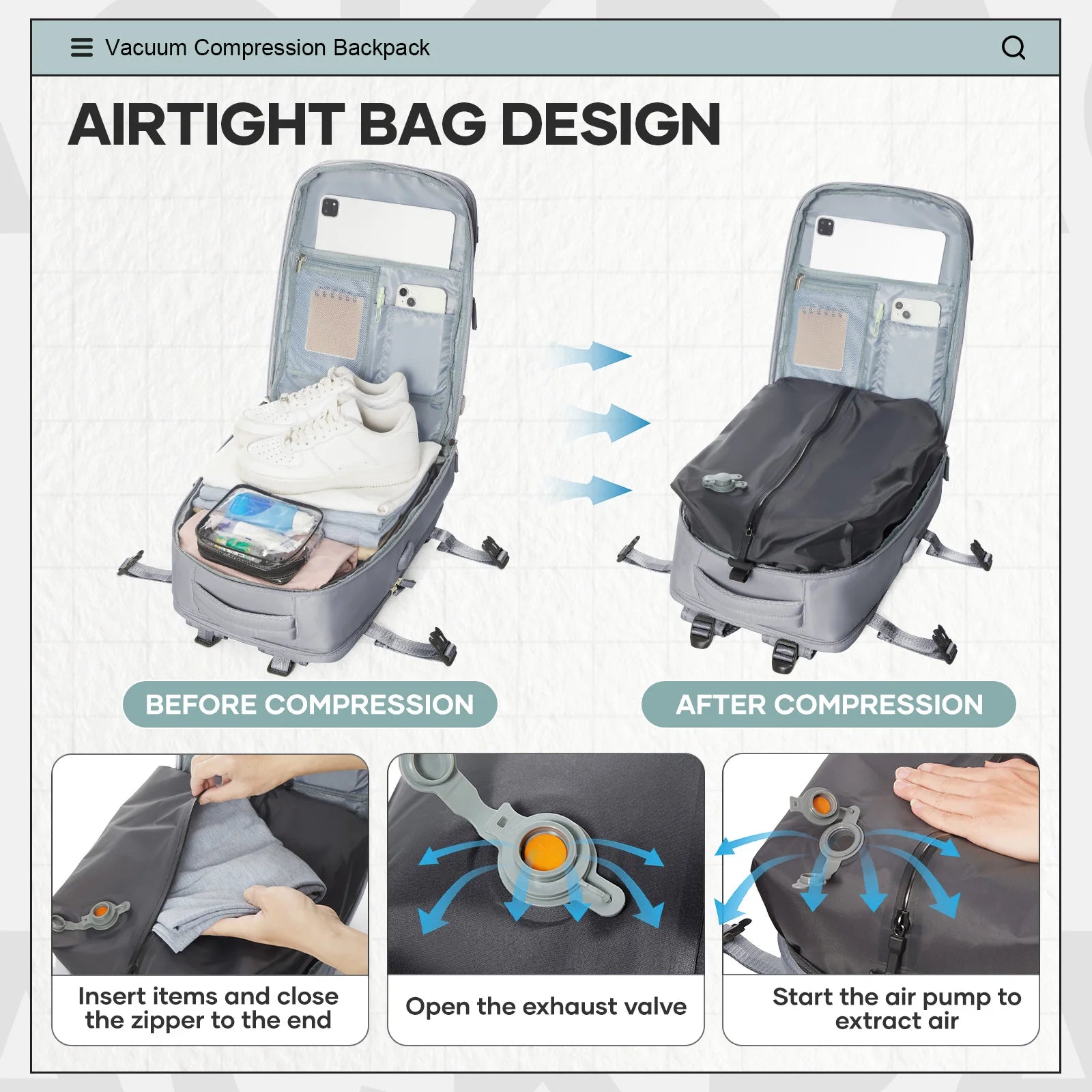 Sac à dos cabine à compression sous vide 47x33x20 cm