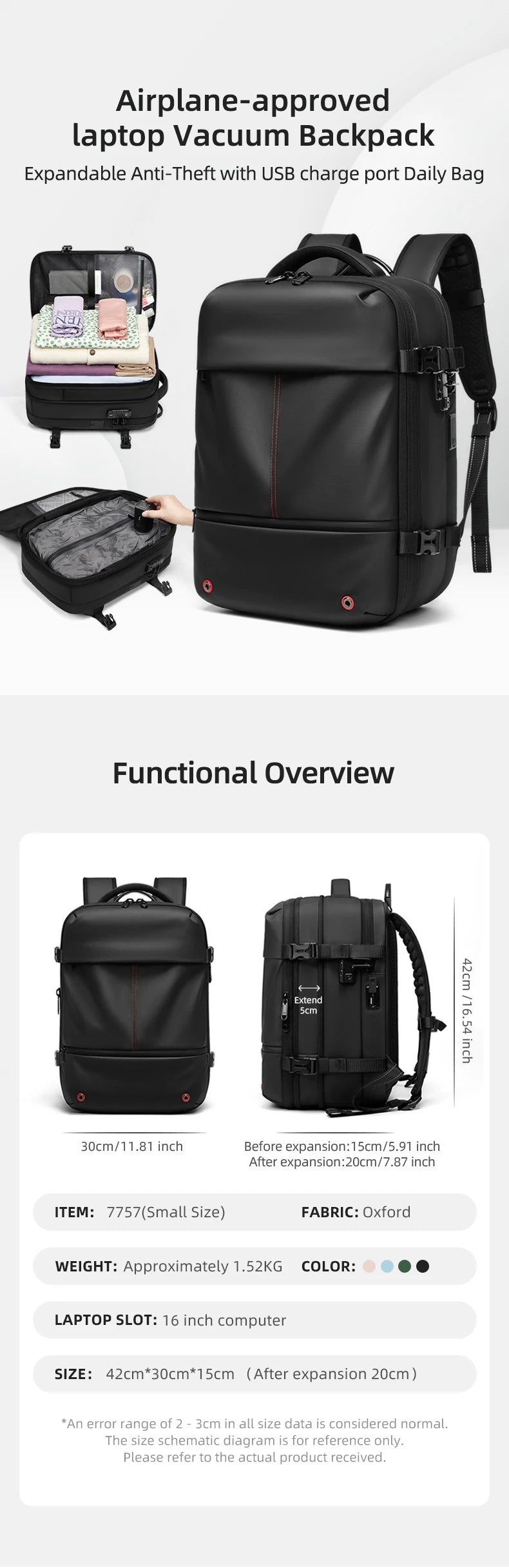 Sac à dos cabine à compression sous vide - Extensible - 40L