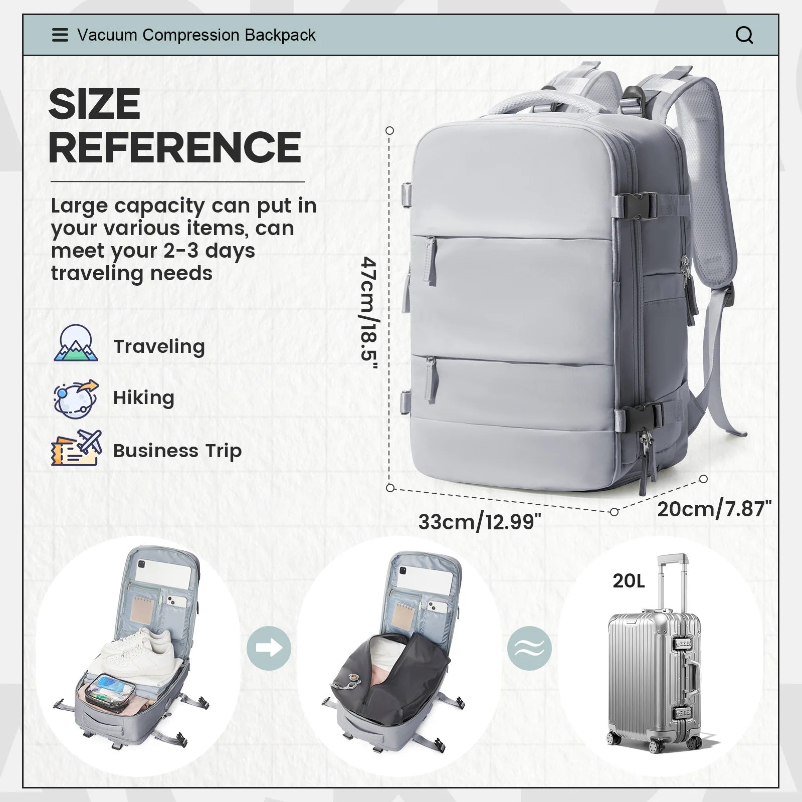 Sac à dos cabine à compression sous vide 47x33x20 cm