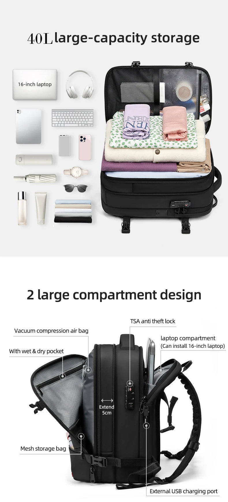 Sac à dos cabine à compression sous vide - Extensible - 40L