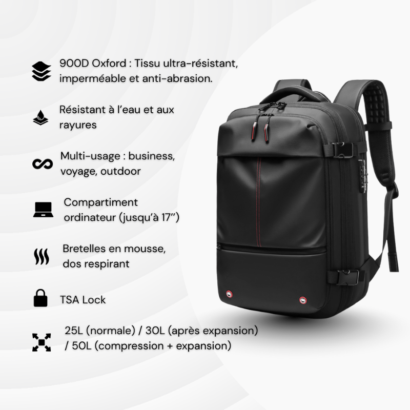 Sac à dos cabine extensible 36→55L – Compression sous vide intégrée