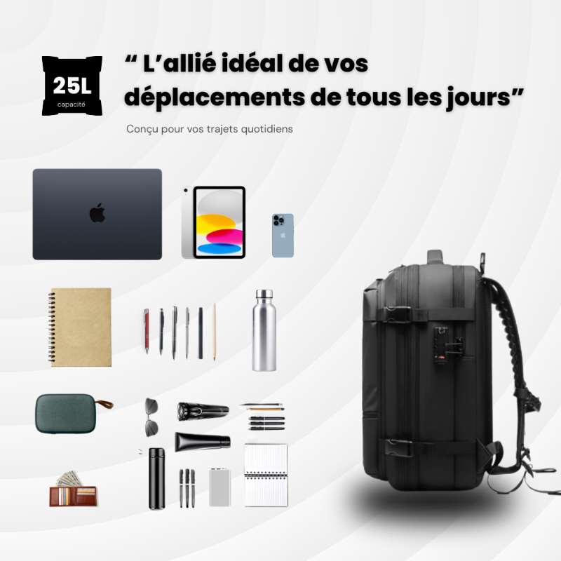 Sac à dos cabine extensible 36→55L – Compression sous vide intégrée