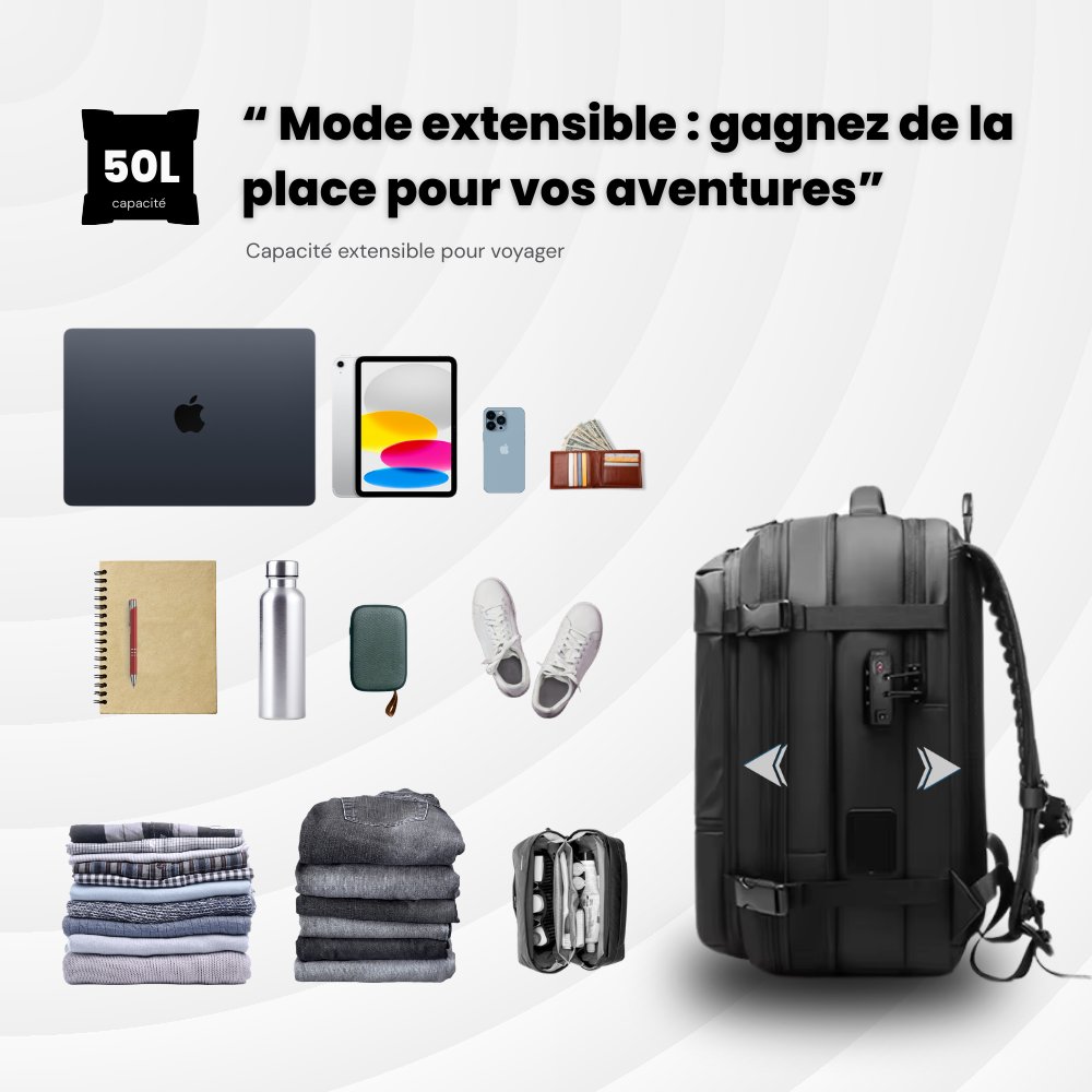 Sac à dos cabine extensible 36→55L – Compression sous vide intégrée