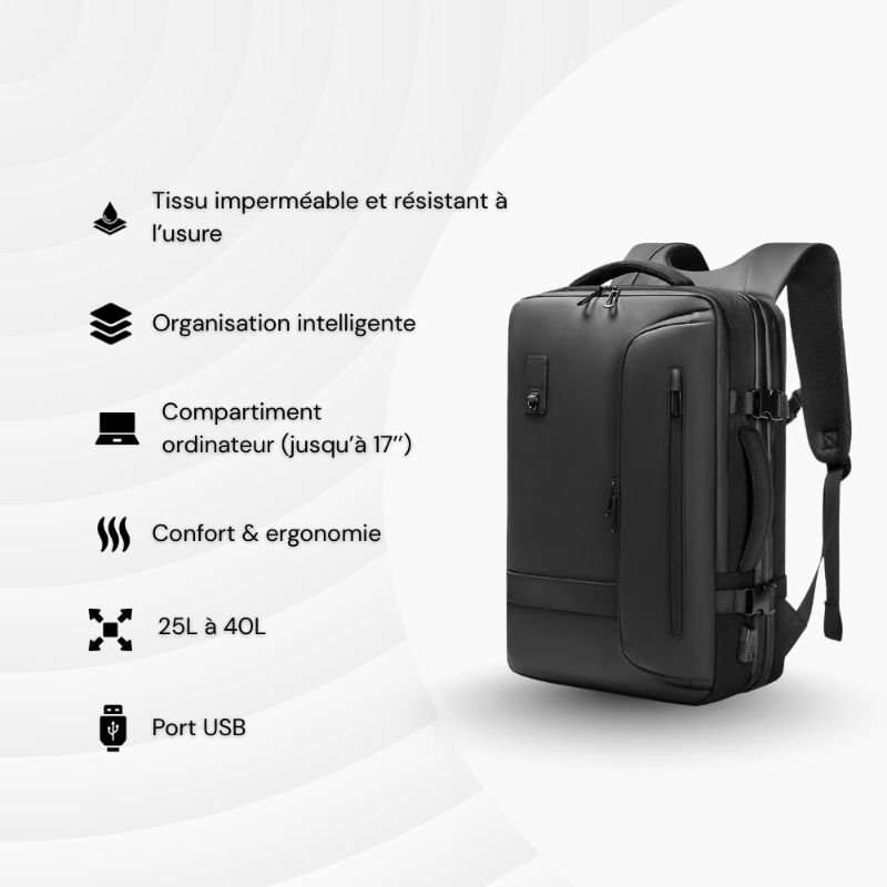 Sac à dos Extensible et à Compression sous vide - Chargeur USB 25 à 40 L