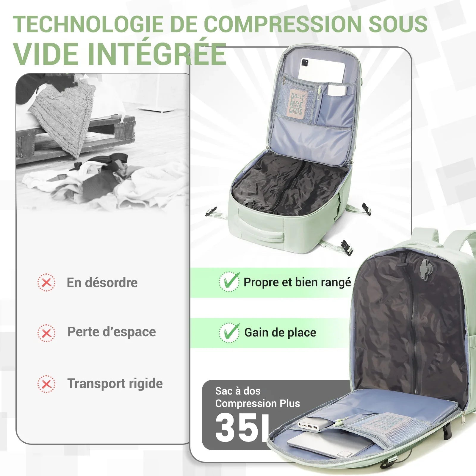 Sac à dos cabine à compression sous vide - 40x25x20 - 35L